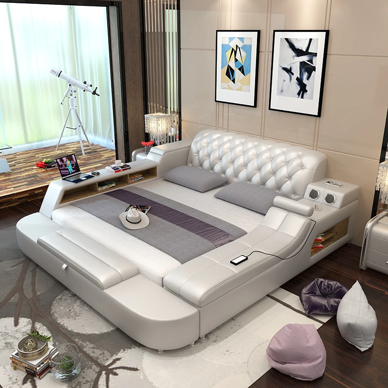 кровать двуспальная 2020 modern bedroom furniture real leather bed set smart | Мебель