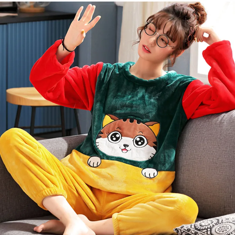 

Plus size XS-4XL 6XL flannel Pajamas sets winter women turn-down collar thick large lover sleepwear coral fleece lounge sets