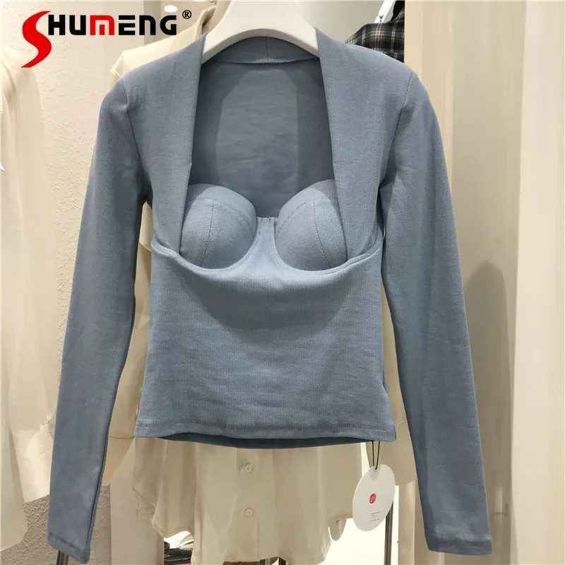 

Fall 2021 New French Goddess Sexy Shoulder Tube Top 3D Cutting Solid Color Long Sleeve Sweater for Women