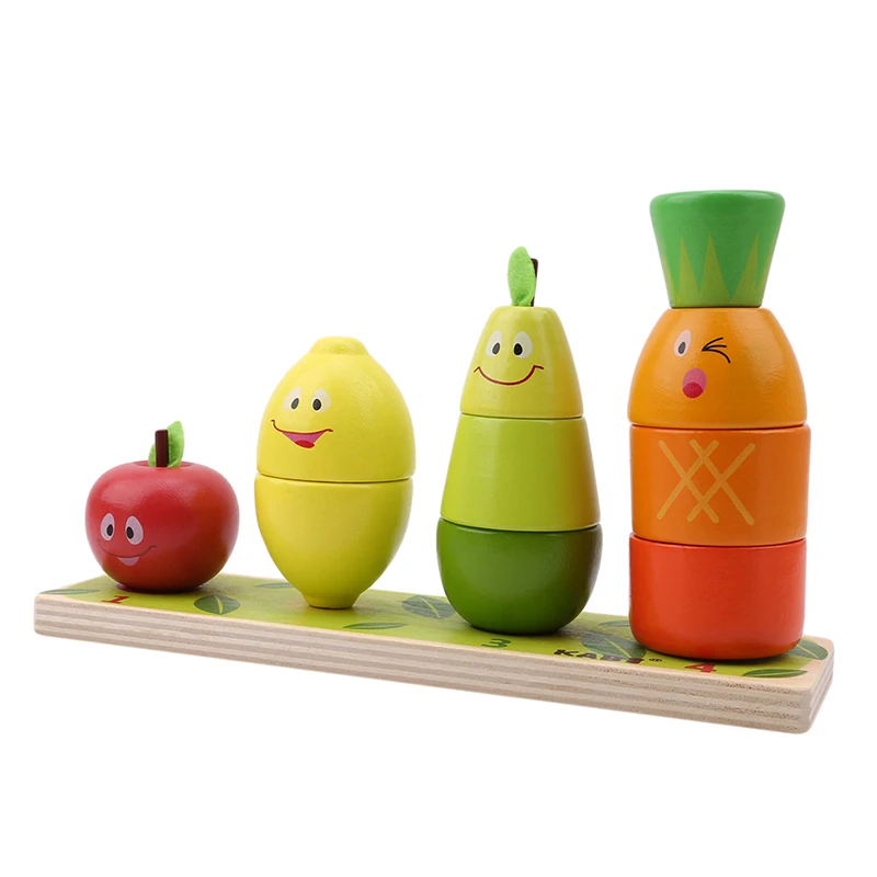 

2021 Kids Wooden Educational Toy Fruit Shape Color Sorter Stacking Chunky Puzzle For Baby Toddlers Montessori Early Learning
