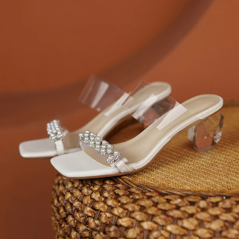 

Кожаные женские прозрачные сандалии, модные повседневные женские тапочки, Высококачественная женская обувь ручной работы на высоком каблу...