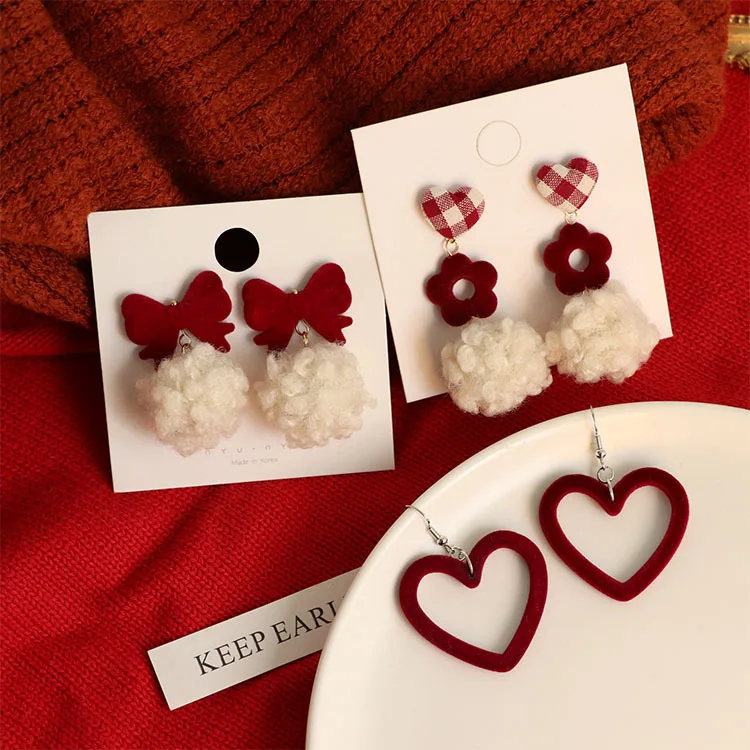

Elegant Geometric Round Christmas Wine Red Velvet Bow Sweet Earrings Cute Girly Earrings Wedding Earrings Tassel Jewelry 2021