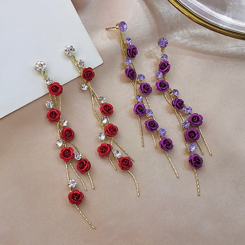 

South Korea S925 silver needle ear stud long style temperament rose tassel earrings fashion flower earrings net red earrings wom