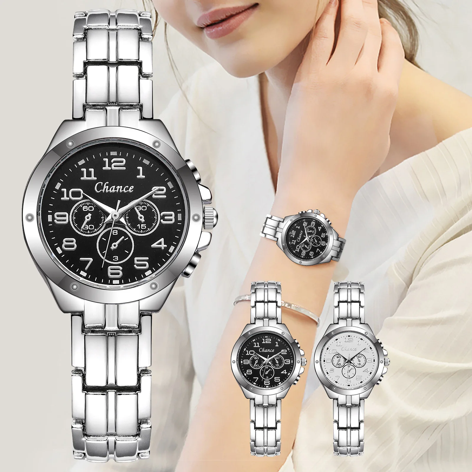

Casual Business Women's Wrist Watch Silver Stainless Steel Strap Three Eyes Digital Dial Ladies Quartz Watch Montre Femme Montre