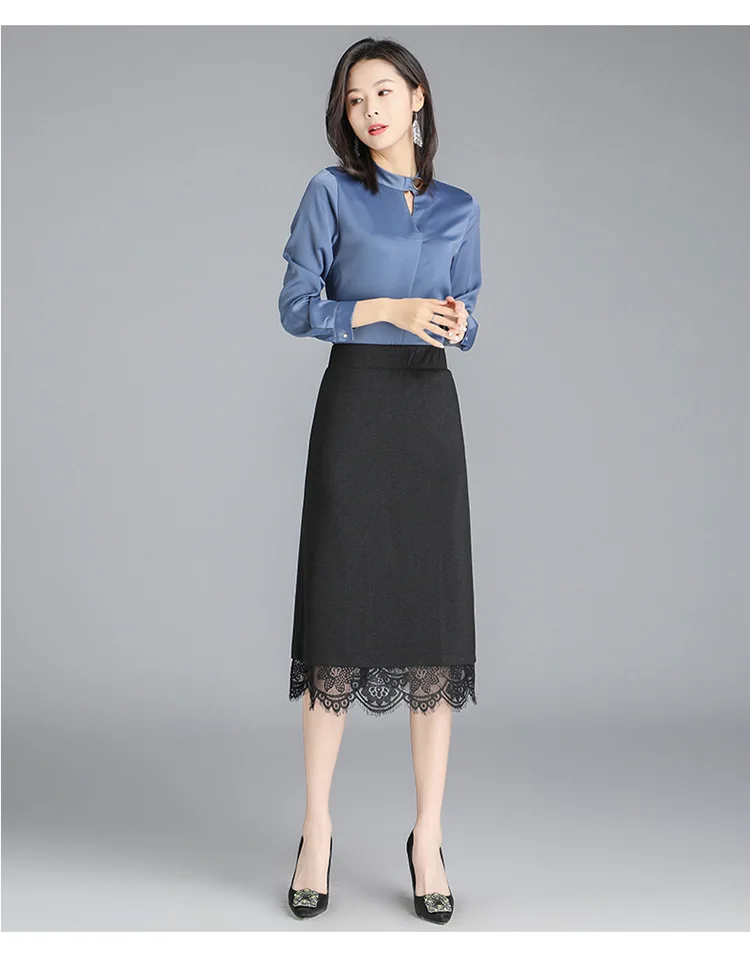 

Women Black Lace Skirt Both Side Wear Elastic High Waist Slim Casual Mid-long Skrits Office Lady Elegant Plus Size Skirt 1930