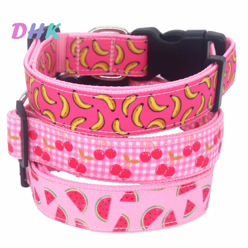 

DHK 1'' 25mm Dog Collar Pink Fruit Banana Watermelon Cherry Personalized Adjustable High Quality Ribbons Pet Collars S1577