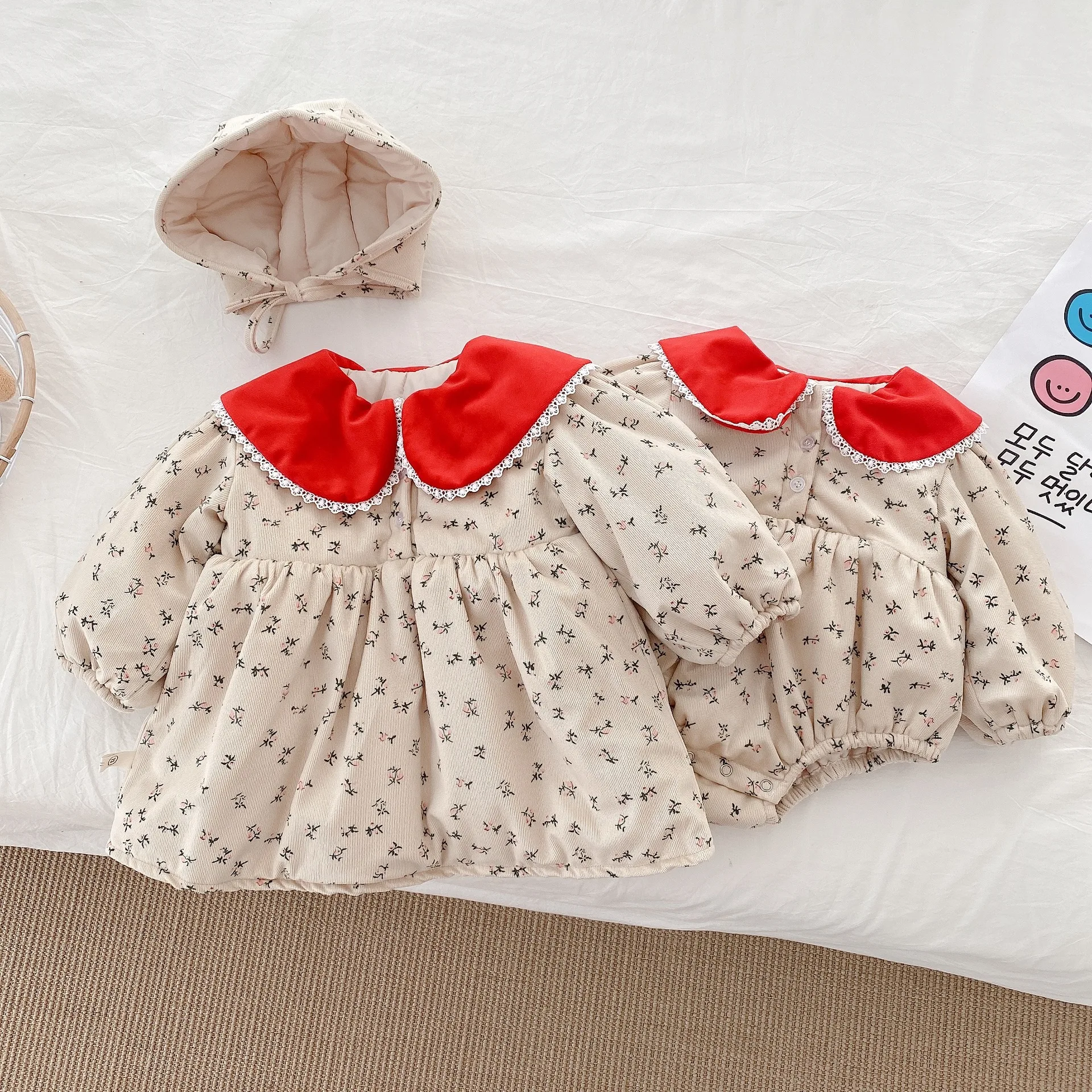 

WLG Baby Girl Winter Clothes Velvet Thick Floral Printed Ruffle Rompers with Hat Toddler Girl Warm Clothes for 6-18 Months