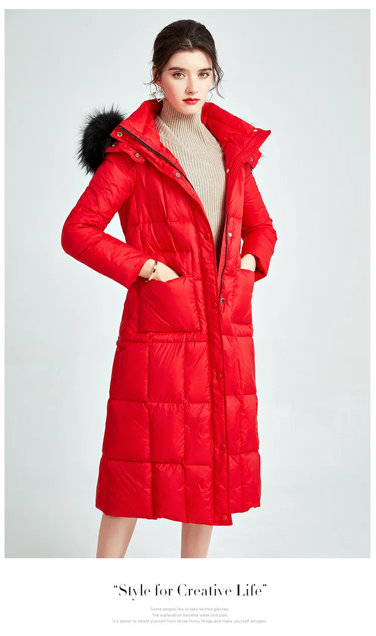 

Women's Winter fur collar hooded Down Coats Long Sleeves jacket Fashion White Duck Down Overcoat Outerwear lady jackets clothes