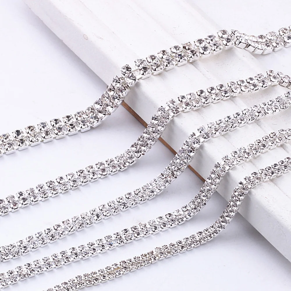 

1Yard SS12 Sewing Rhinestone Chain for Dress Decoration Crystal Clear Glue on Silver base Sew on Chain for Clothing Bags Shoes