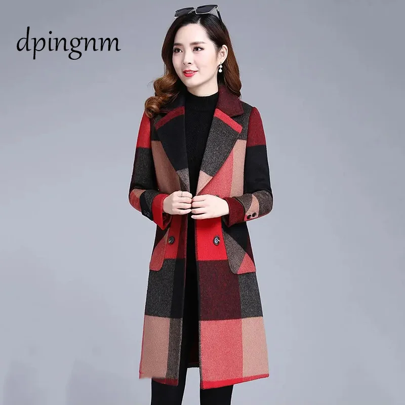 Модное женское Шерстяное Пальто в клетку классические женские свободные длинные