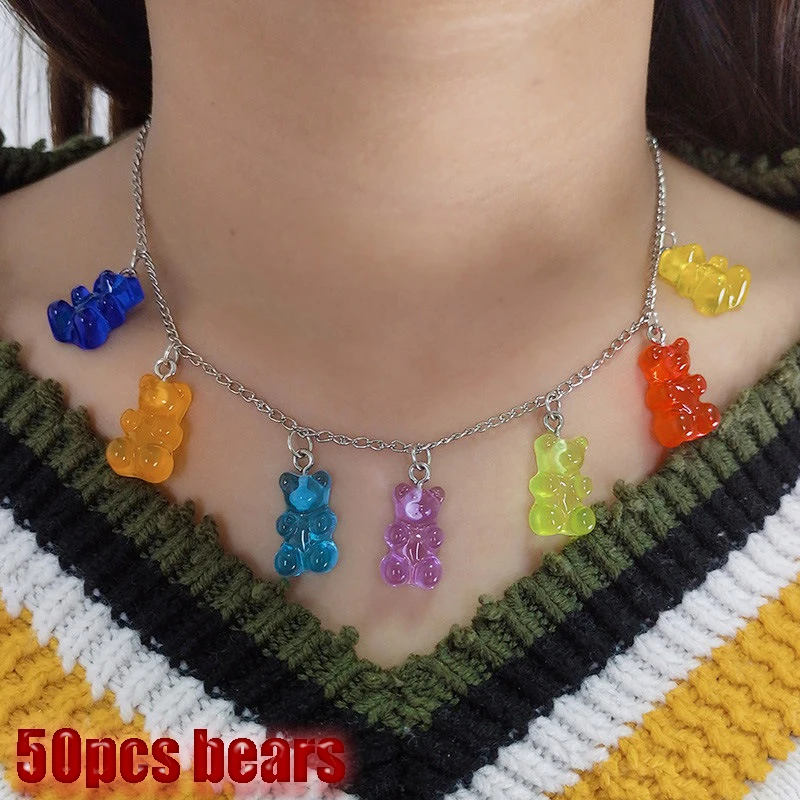 

Cute Gummy Bear Pendant Necklace ChainDIY Handmade Colorful Resin Bear Fresh Choker Necklace Jewelry