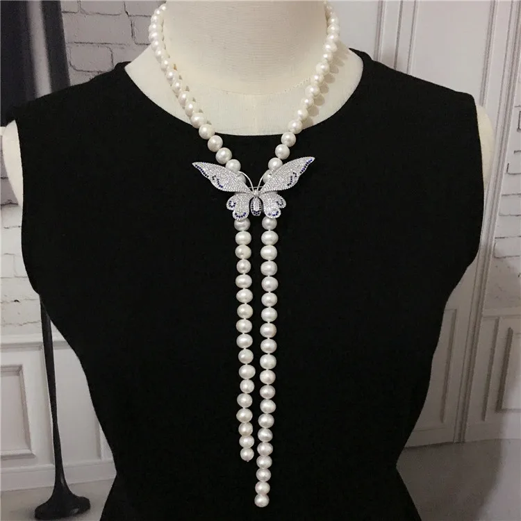 

Hand knotted 7-8mm nearly round natural white freshwater pearl necklace long sweater chain butterfly accessories fashion jewelry