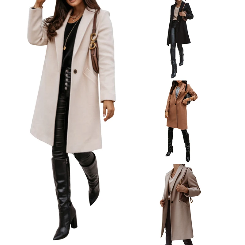 

2021 Women Coat Long Sleeve Lapel Single Button Pocket Trech Windbreaker Slim Solid New Fashion Outwear