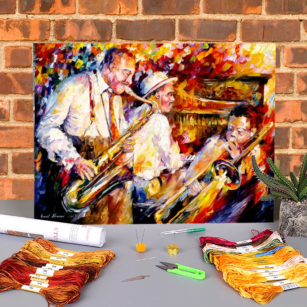 

Oil Style Jazz Trio Pre-Printed 11CT Cross Stitch Patterns DIY Embroidery DMC Threads Handiwork Knitting Package