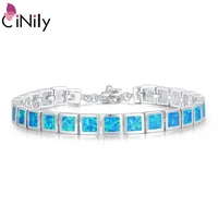 cinily blue white fire opal stone wide chain link bracelets bangles silver plated metal square luxury jewelry woman girl
