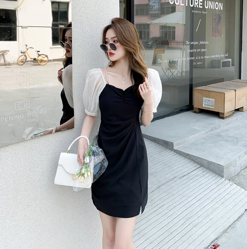 

Blue And Black Mini Dress 2021 New Fashion Chiffon Stitching Puff Sleeve Waist Folds Slim Elegant Short Dress