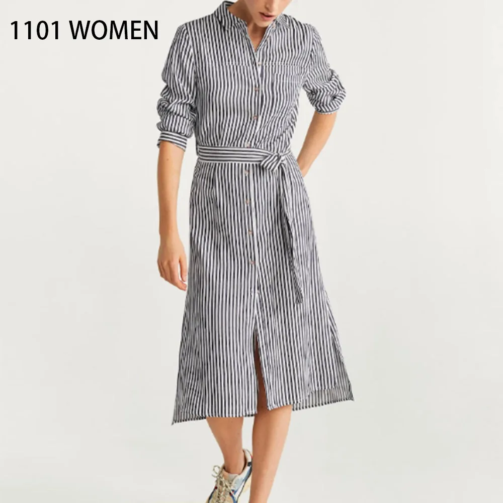 Платье ZA женское черное белое в полоску с поясом и отложным воротником коротким