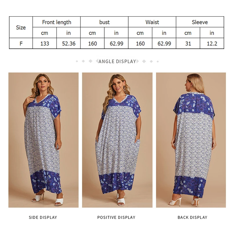 

Plus Size Max Dress for Women Summer Short Sleeve V Neck Bohemian Print Loose Long Dress with Pocket Boho Dresses One Size Blue