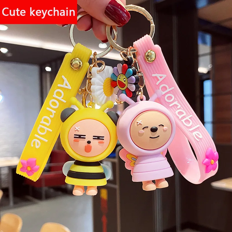 

Cartoon Pendant Cute Little Bee Leather Bag Car Plastic Soft Rubber Doll Key Ring Keychain Accessories Jewelry Festivals Gift