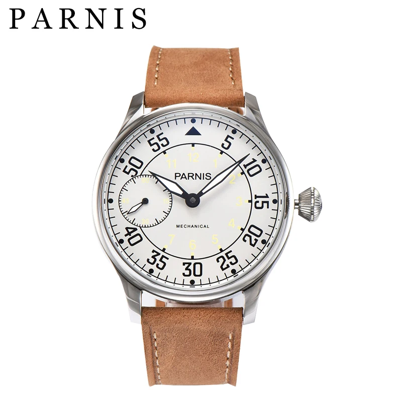 

Parnis 44mm white Dial Stainless case Leather 17 jewels mechanical 6497 hand winding movement Leisure men's watch men