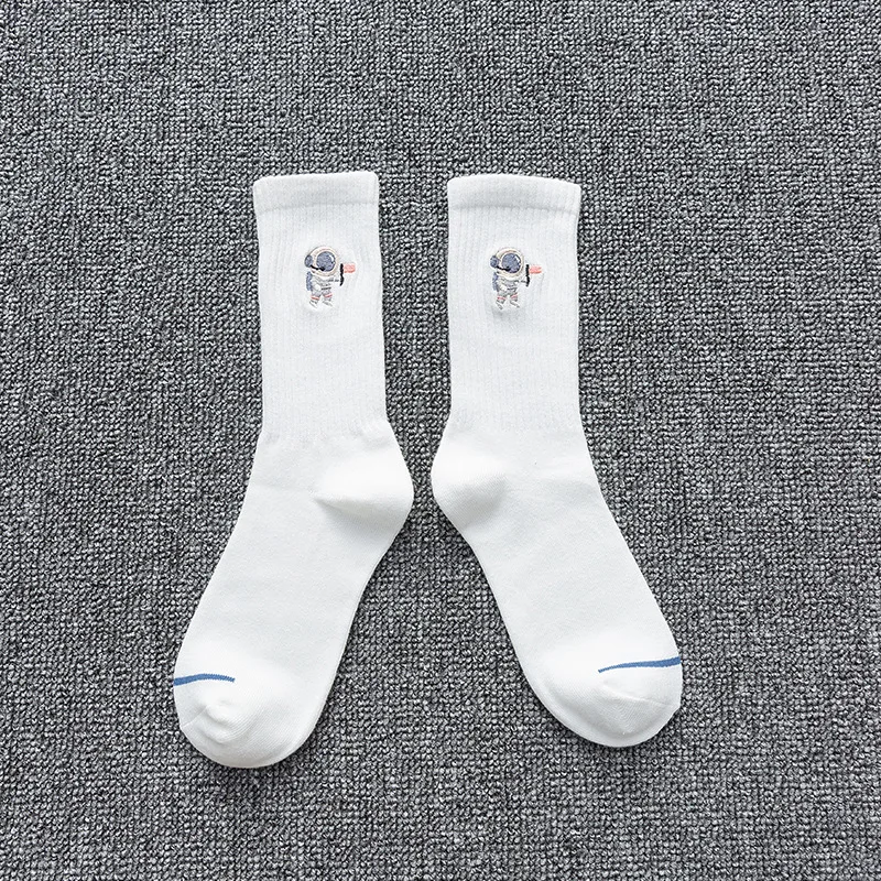 

1Pair Spring and Summer Couple Socks Solid Color Ins Tide Embroidery Astronaut Net Red Fashion Wild Tube Socks Sports Tide Socks