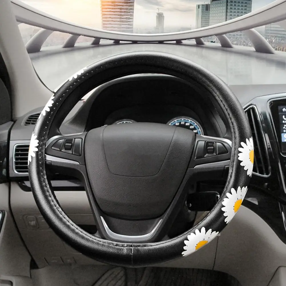 Чехол на руль автомобиля универсальный с рисунком подсолнуха нескользящий
