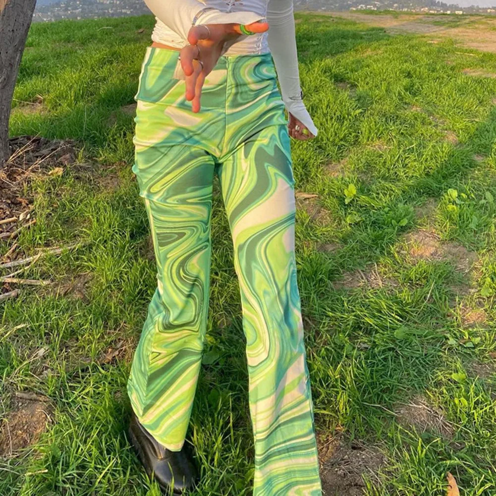 

ZOVSV Printed Vintage High Waisted Pants Women Casual Green Fashion Long Trousers Ladies Y2K Streetwear Sweatpants Woman