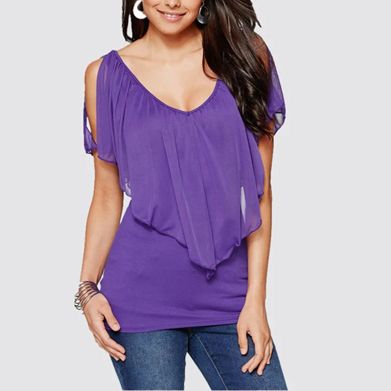 Новая мода v образный вырез шифон рукав летучая мышь прошитая Женская Футболка