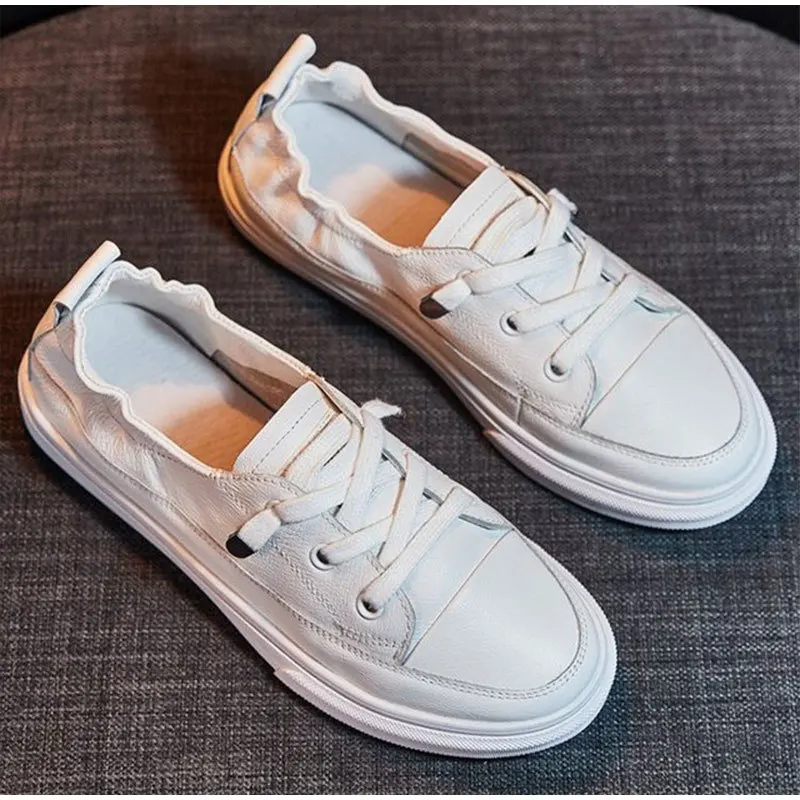 Women Comfy White Flats Pu Soft Leather Ladies Shoes Lace Up Casual Comfort Autumn Vulcanize Fashion Loafers Young Lace-Up