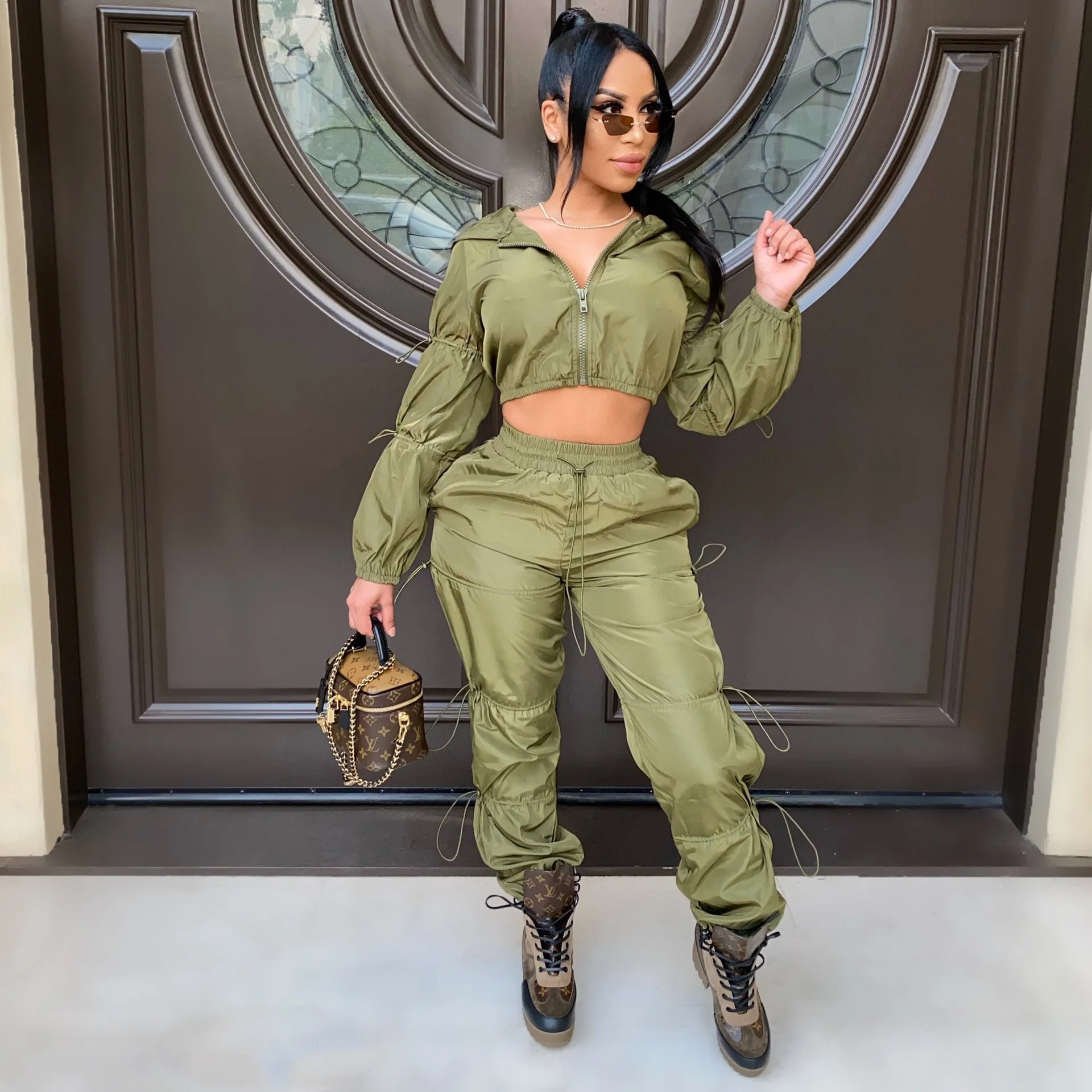 

Autumn new fashion solid color casual two piece V-Neck long sleeve zipper long sleeve coat and trousers women's suit