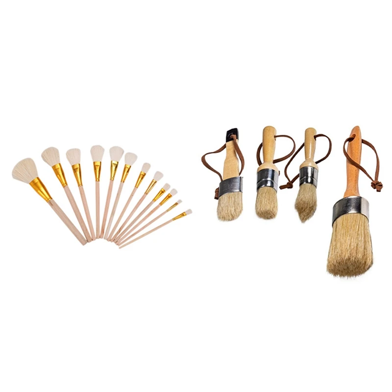 

12 Pcs Cleaning Wooden Brushes Shaper Artist Paint & 4Pcs Chalk Paint Brush Set, Waxing Tool, Bristle Decoration Brush