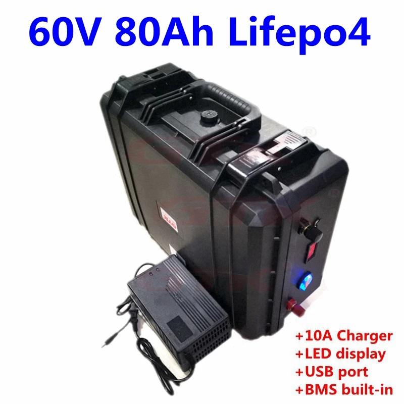 

IP67 waterproof 60V 80Ah Lifepo4 Battery Pack with BMS for trolling motor boat ebike scooter golf cart+10A Charger