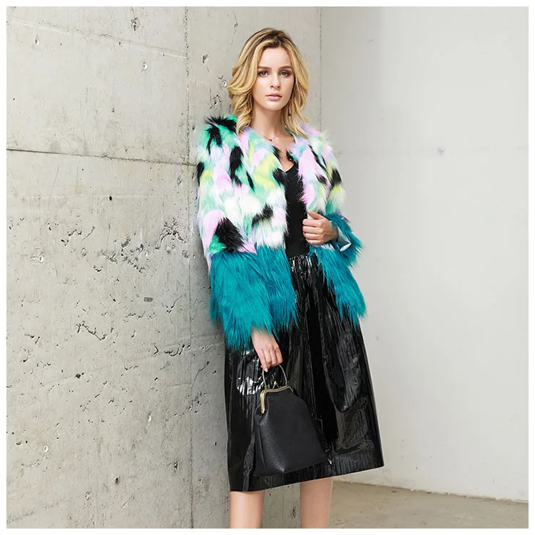 

2019 Fashion Fluffy Jacket Women's Autumn Winter Sexy Rainbow Color Thick Warm Faux Fur Coat Imitation Fox Fur Hairy Plus Size