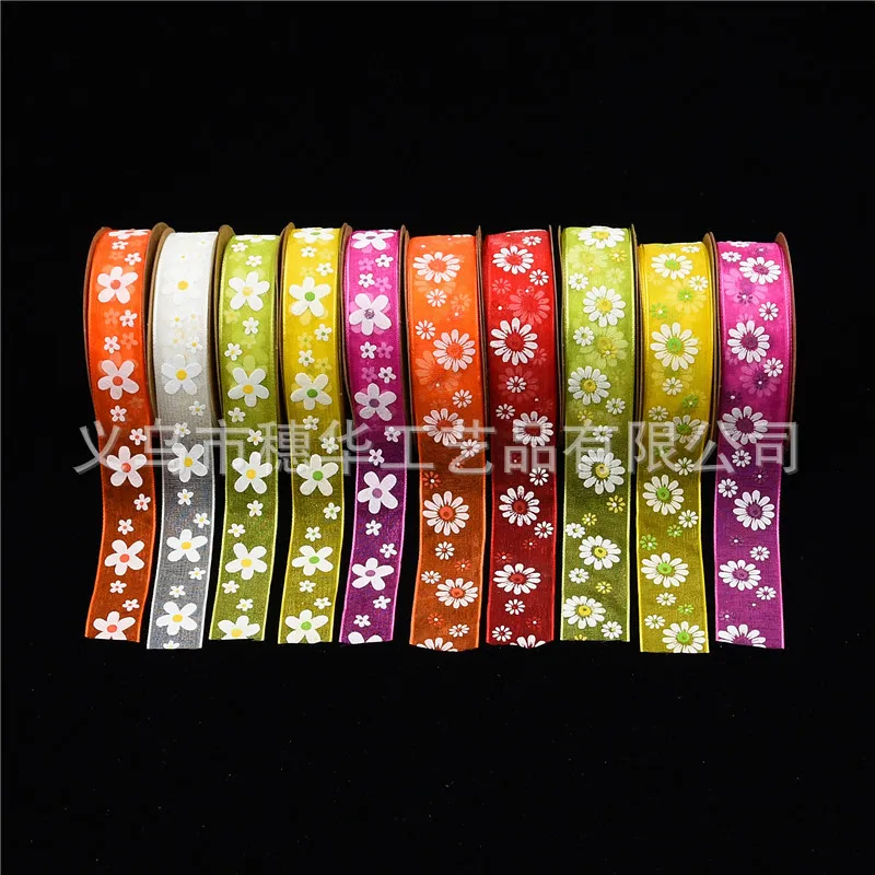 

15mm 20mm printed sunflower chrysanthemum printed organza sheer ribbon for hair accessories hair bows party gifts 10 meters/roll