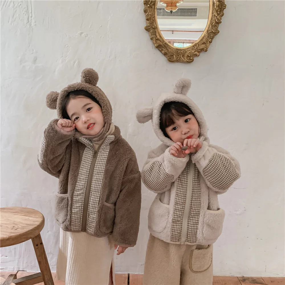 

Korean style winter boys and girls thicken warm woolen coats children unisex patchwork plaid High collar outerwear