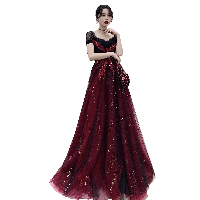 

Robe De Soiree 2021 New The Noble Off The Shoulder Formal Evening Dress Elegant V-neck Sequins With Train Tulle Party Prom Gown