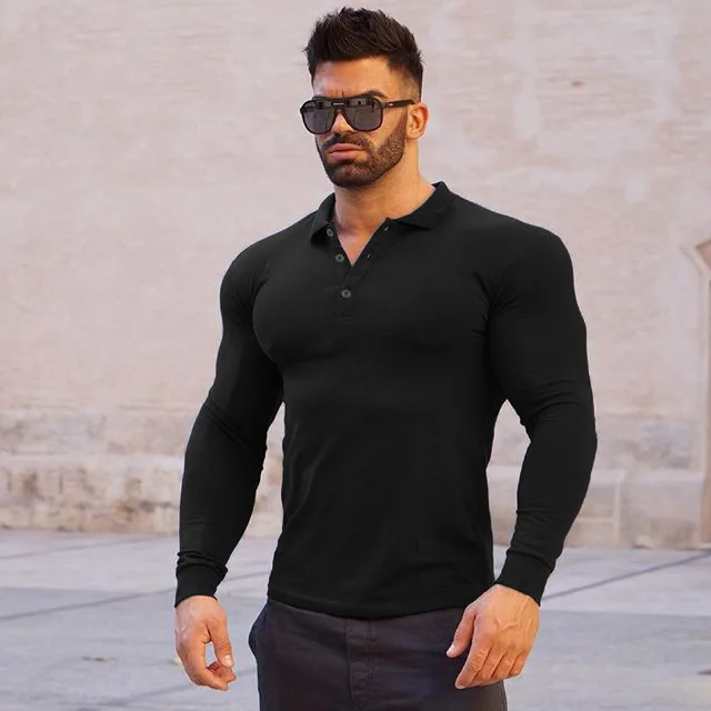 

Muscle Euro American Polo Men's New Sports Long Sleeve Lapel Quick Dry Men's Fitness Tights Running Training Clothes