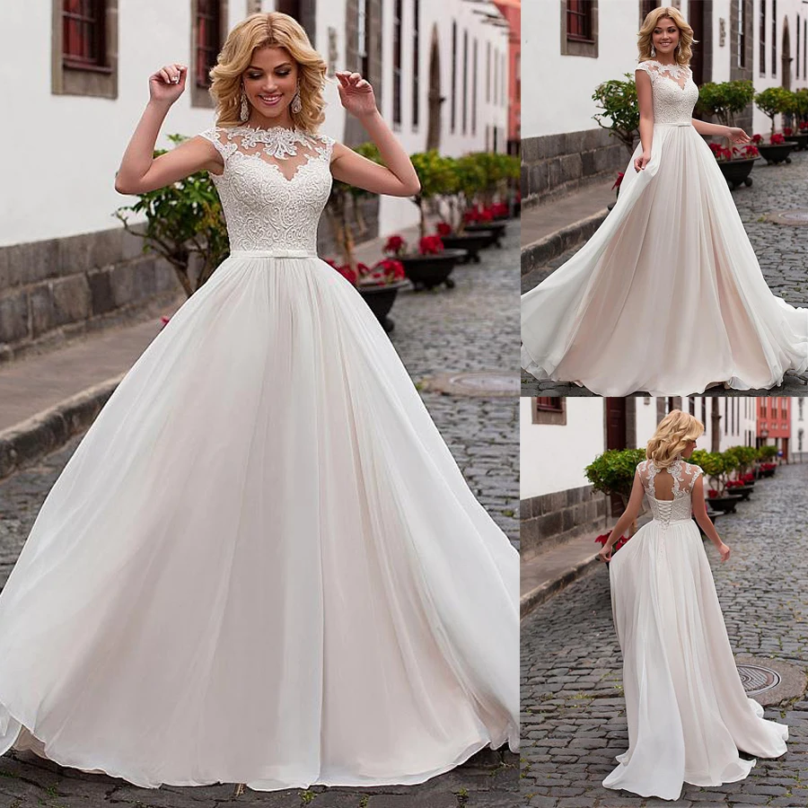 

Illusion scoop Chiffon Jewel Neckline A-Line Sweep Train Wedding Dress With Lace Appliques Lace Up Bridal Dress vestidos de