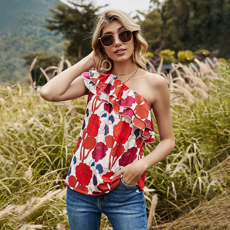 

Spring Summer Sexy Strapless Print Blouses Women Casual Ruffles Skew Collar Blouse Shirt Top for Women 2021 New