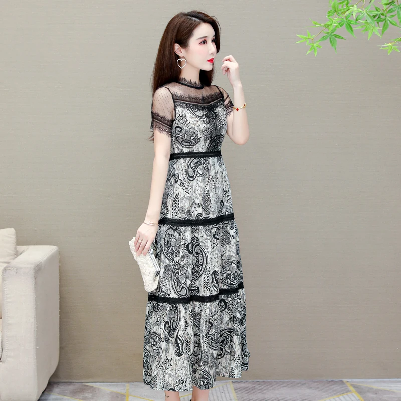 

Women Long Dress Summer 2021 New Vintage Ruffles Floral Print Short Sleeve Chiffon Petal Sleeve O-Neck High Waist Dresses
