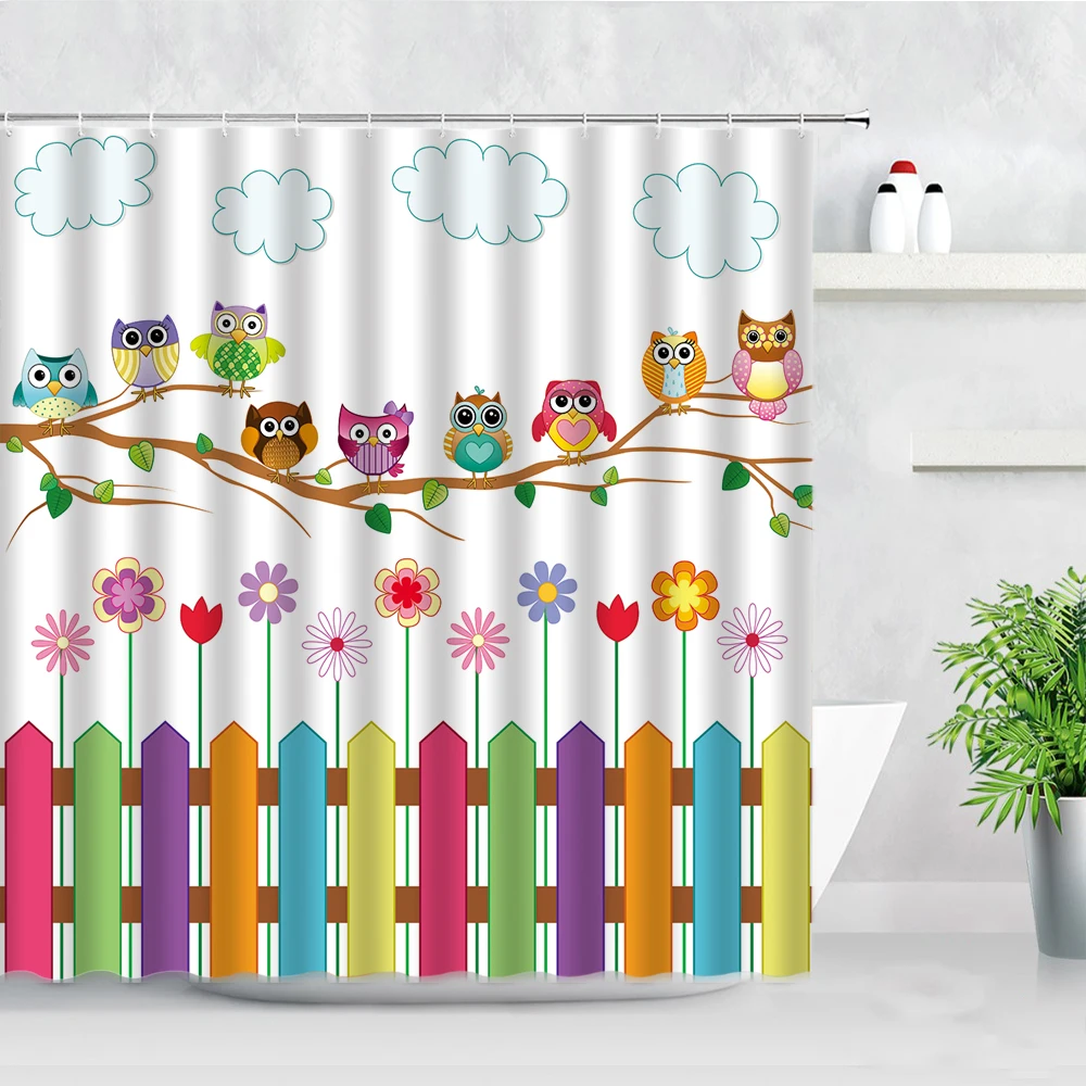 cute owl shower curtains cartoon animals color flowers fence 3d print waterproof children bathroom decor hooks bath curtain set free global shipping