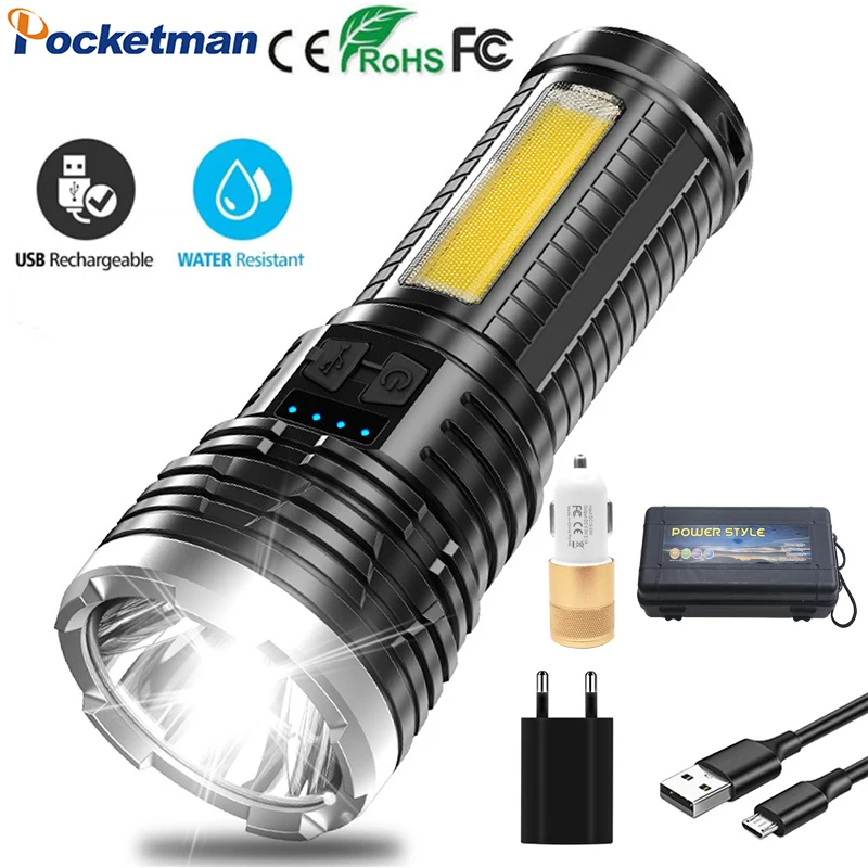 

COB LED Flashlight USB Rechargeable Flashlight Torch Lamp With Built-in Battery Waterproof Hand Lights Night Work Light