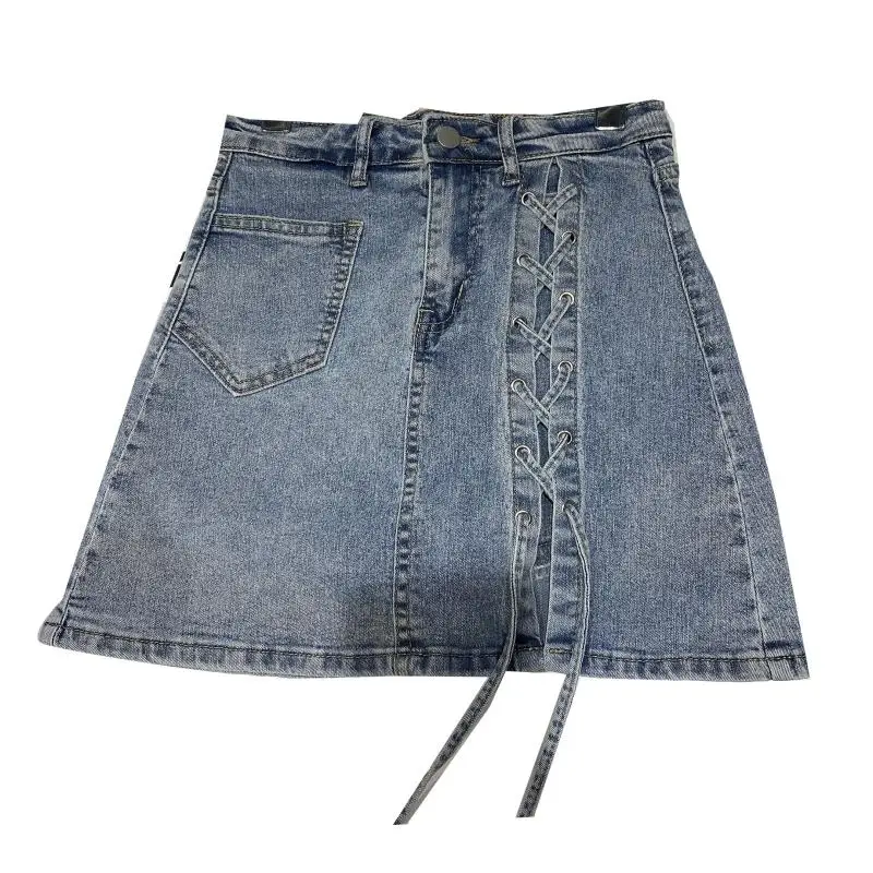 

2021 Summer Bandage Denim Skirt New Style Side Tie Belt Street Trend Wash A-line Skirt