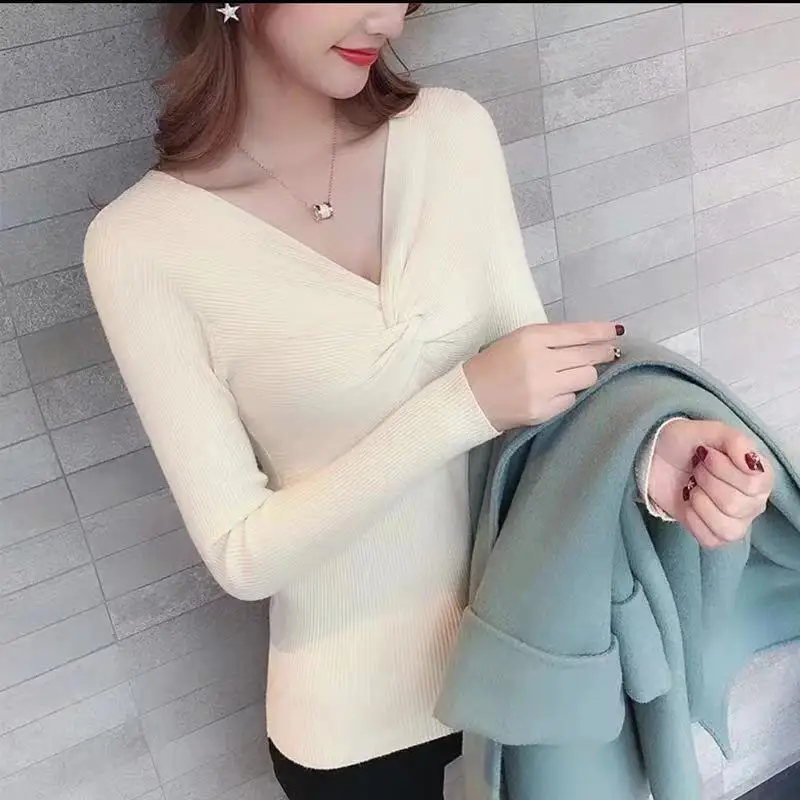 

Spring Solid Long Sleeves Thin Sweaters Women Candy Color Sweet V Neck Cross Front Ribbed Knit Slim Pullover Sweater Tops Woman