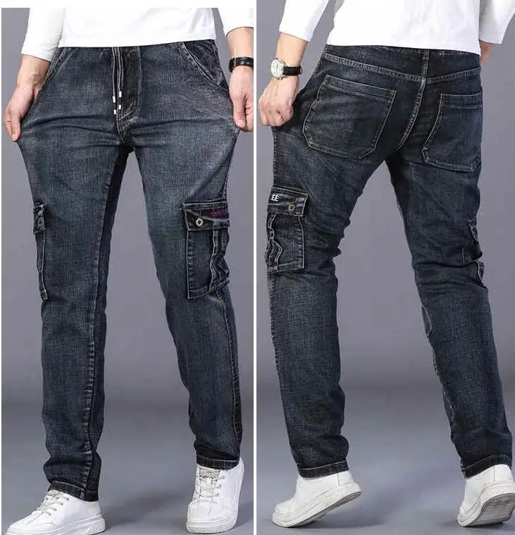 Men Jeans Loose Elastic Men Straight Tube Denim Pants Elastic Waist Crotch Maximum Suitable Weight 330lb