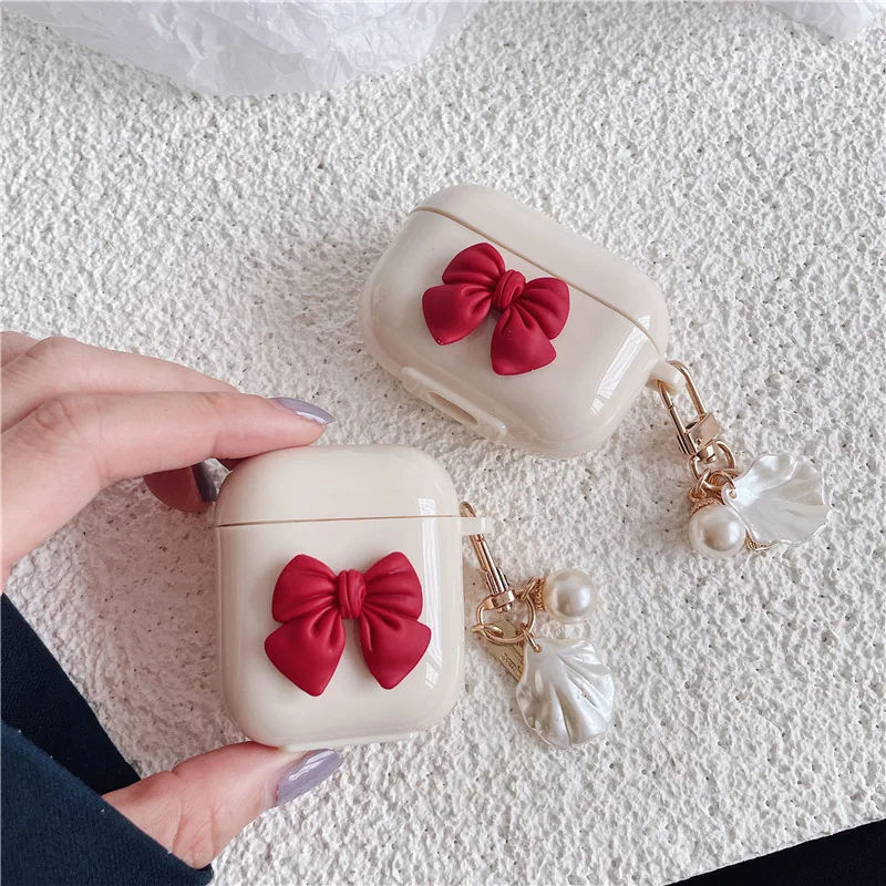 

Red Bowknot Shell Pearl Pendant Beige Apple AirPods 1 2 3 Pro Case Cover iPhone Earbuds Accessories Airpod Case Air Pods Case
