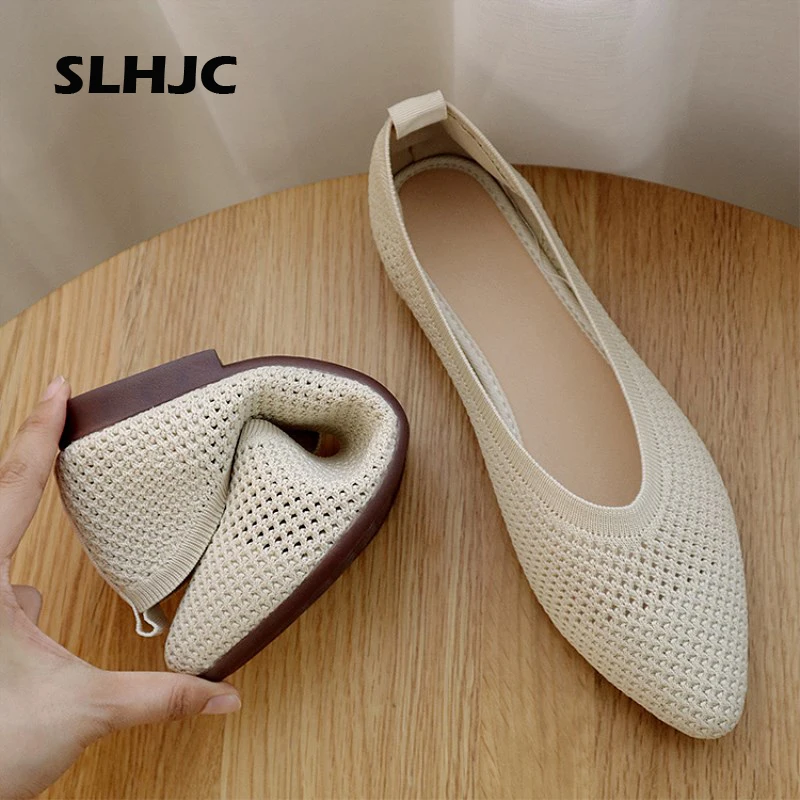 

SLHJC Summer Knitting Fabric Flats Women Casual Shoes Flat Heel Slip On Loafers Pointed Toe Hollow Sandals Shoes