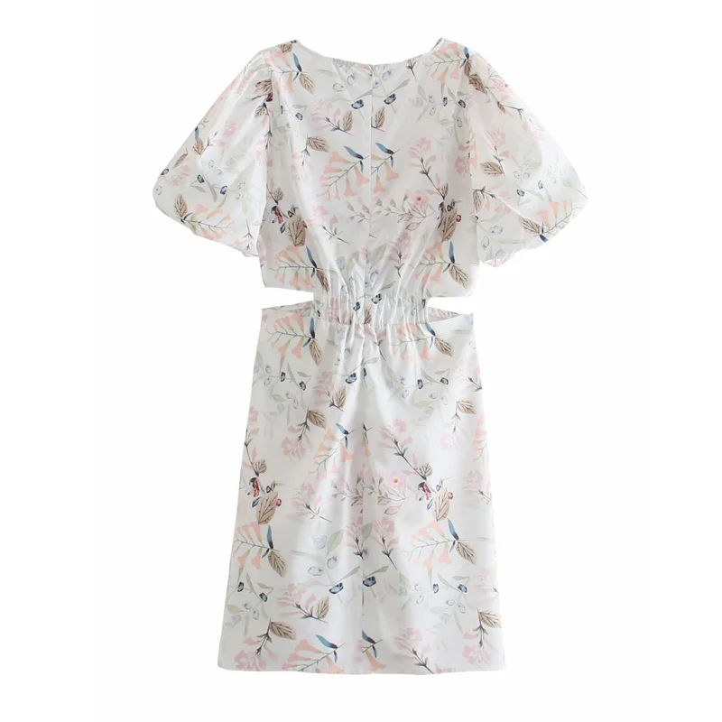 

Casual Puff Sleeve Midi Dress Women 2021 Summer A Line Hollow out Dresses Floral print O-Neck Female Vestidos Party INKEO 1D052