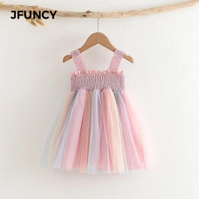 

JFUNCY Baby Girl Summer Dress Rainbow Mesh Children's Clothing Toddle Cute Party Suspender Children Dresses Kids Clothes