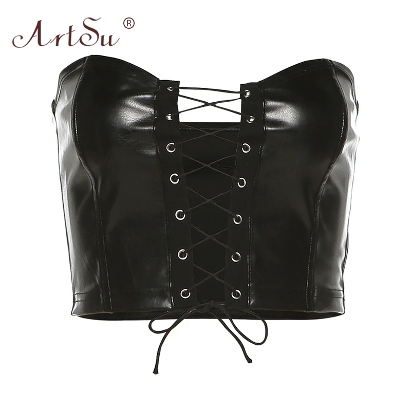 Женский укороченный топ из искусственной кожи ArtSu черный готический Топ без